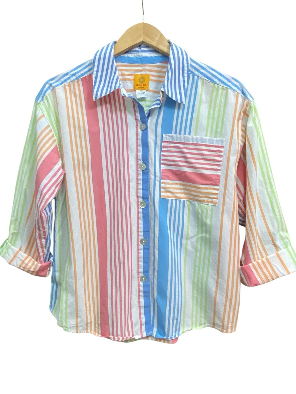 Ruby Rd Multicolor Striped Cotton Button Front Roll Tab Top Shirt - Women’s PM